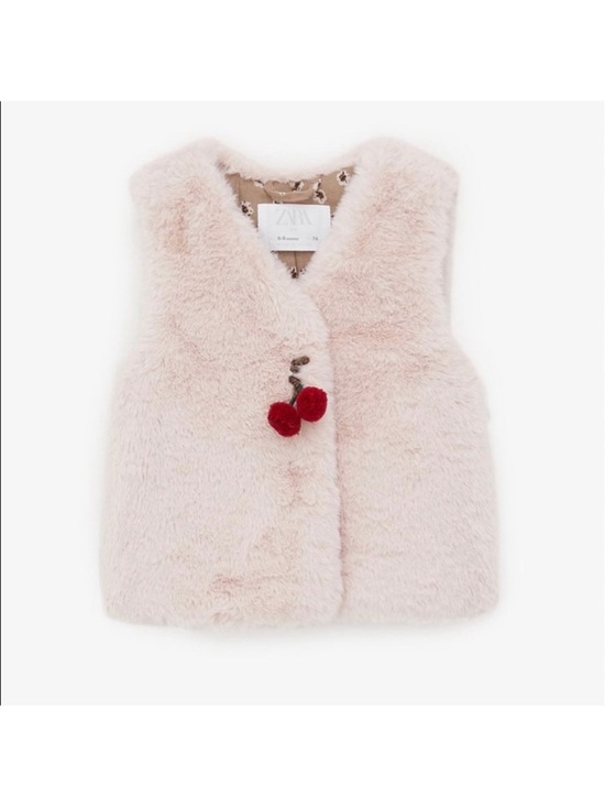 Zara Other - Zara Baby Pink Faux Fur Cherry Pom Pom Vest 6-9 Months NWT